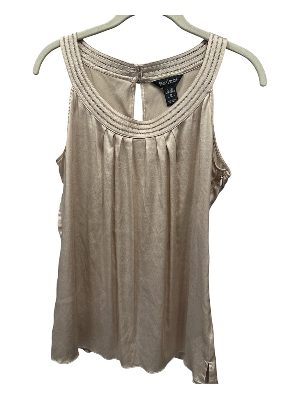 White House Black Market Metallic Champagne Pleated Neck Sleeveless Top